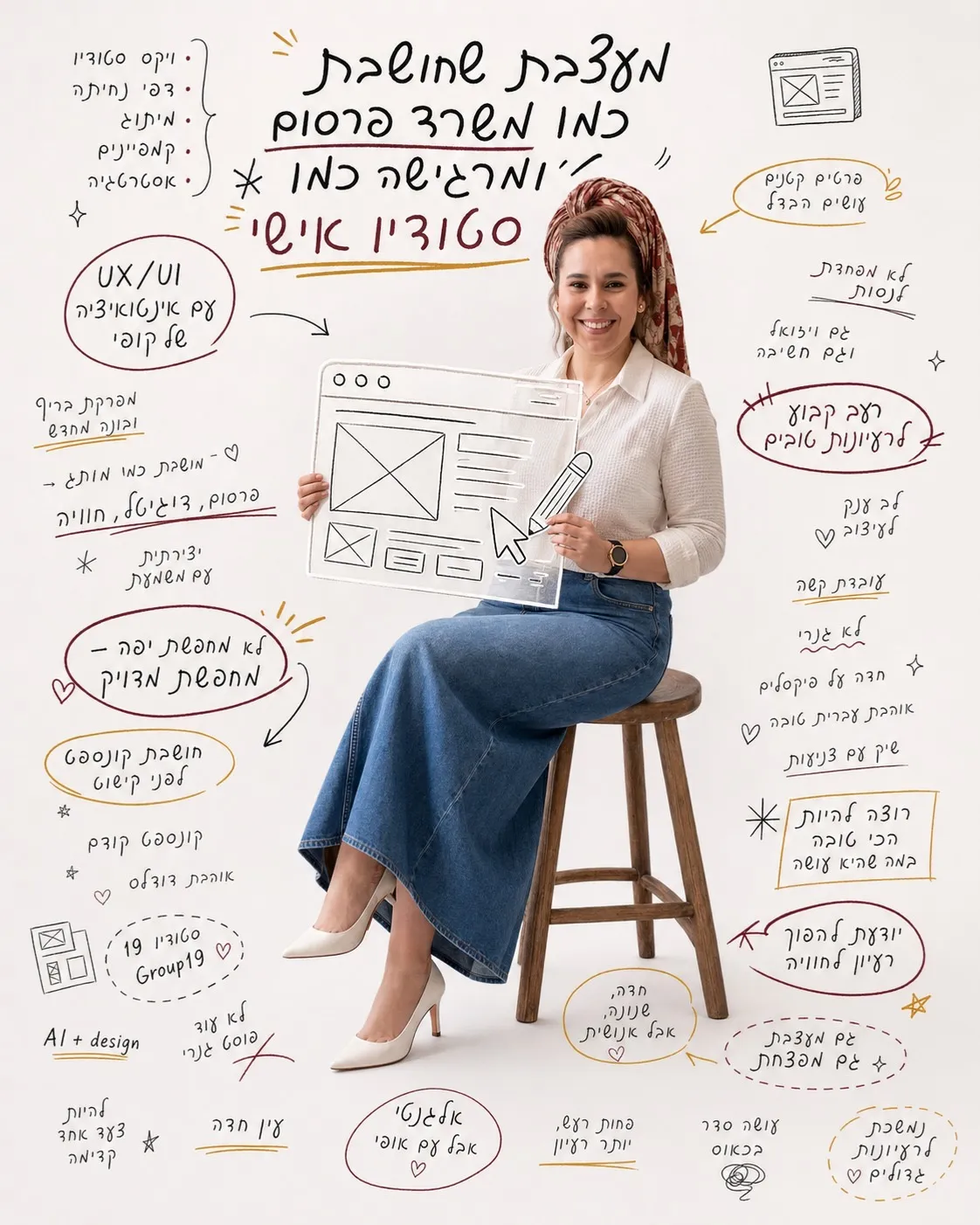Rotem Gross, sitting on a stool surrounded by her own hand-drawn notes
