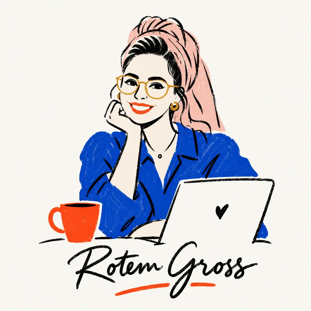 Illustrated portrait of Rotem Gross at her laptop, with a cup of steaming coffee